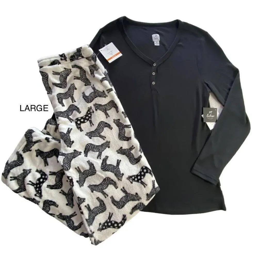 ECHO WOMEN’S LARGE 2 pc Long Sleeve Top & Zebra Print Pajama Pant SET